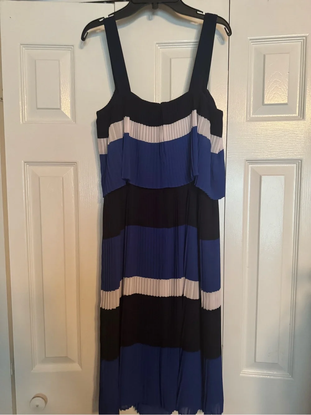 Michael Kors Blue & White Striped Pleated Midi Dress